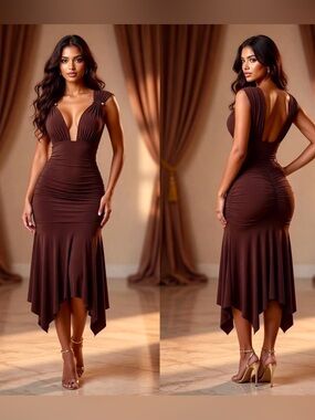 Brown Plunge Ruched Maxi Dress with Gathered Shoulders